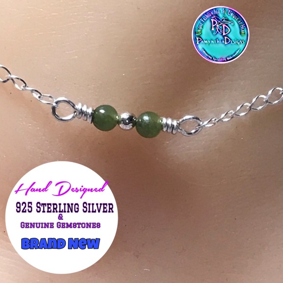 Green Jade Sterling Silver Ankle Bracelet- Dainty Jade Anklet- 2 Jade Beads - Picture 1 of 4